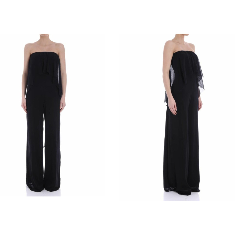 NWT $595 Fuzzi Italy Black Mesh Strapless Ruffle Wide Leg Jumpsuit Size XXL